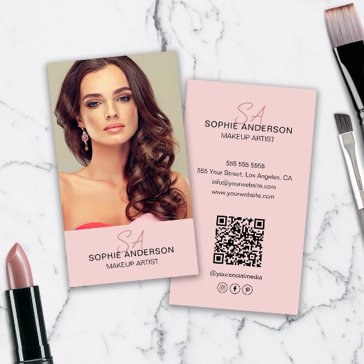 Moderne Monogram Make-up Artiest Foto Roze Visitekaartje