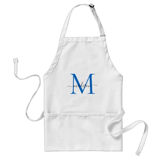 Moderne Monogram Marine Blauw Chic Script Chef Cui Standaard Schort (Voorkant)
