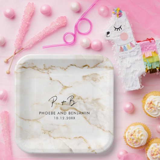 Moderne Monogram Marmeren Bruiloft Papieren Bordje (Feest)