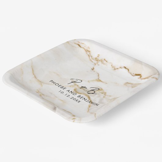 Moderne Monogram Marmeren Bruiloft Papieren Bordje (Gebogen)