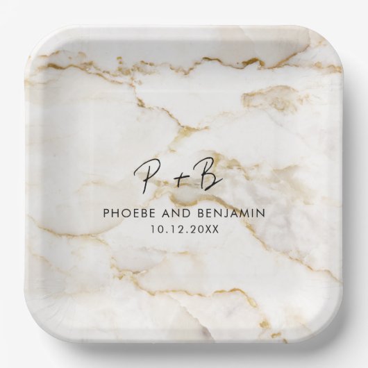 Moderne Monogram Marmeren Bruiloft Papieren Bordje (Voorkant)