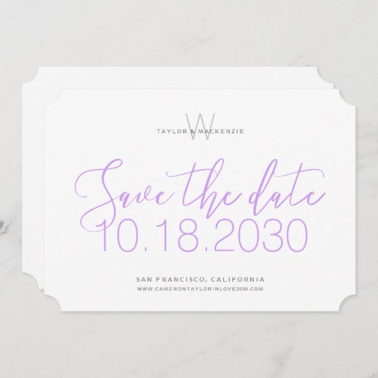 Moderne Monogram Minimaal Lila Paars Save the Date (Voorkant / Achterkant)