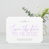 Moderne Monogram Minimale Lila Paarse Bewaar de Da Save The Date (Staand voorkant)