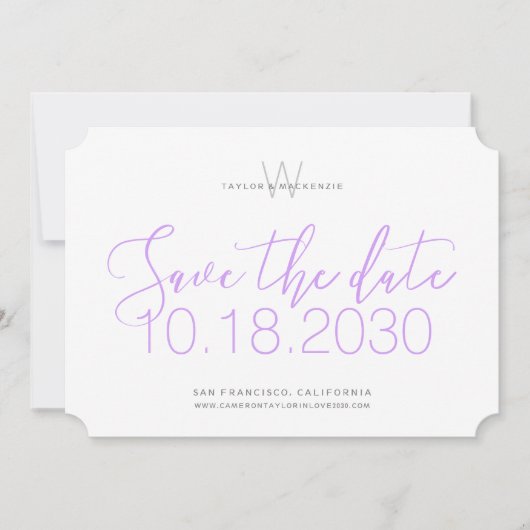 Moderne Monogram Minimale Lila Paarse Bewaar de Da Save The Date (Voorkant)