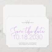 Moderne Monogram Minimale Lila Paarse Bewaar de Da Save The Date (Voorkant / Achterkant)