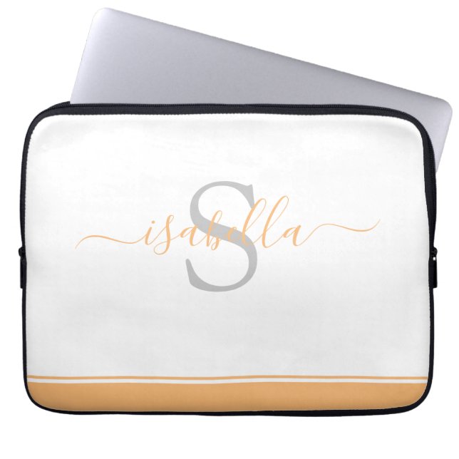 Moderne Monogram Minimalistische Perzik Script Laptop Sleeve (Voorkant)