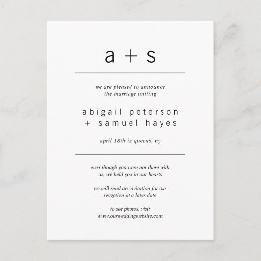 Moderne monogram minimalistische weddenschappen aankondigingskaart (Voorkant)