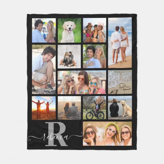 Moderne monogram naam 14 Foto Collage Aangepaste k Fleece Deken (Voorkant)