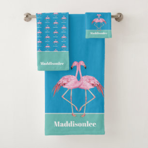 Moderne monogram Naam Blauw Blauwgroen Roze Flamin Bad Handdoek