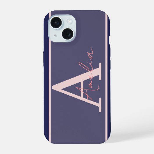 Moderne Monogram Naam Blauw Roze iPhone 15 Case (Achterkant)