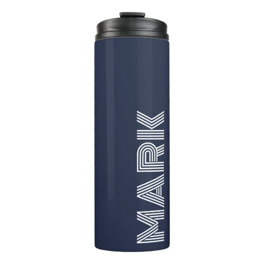 Moderne Monogram Naam Donkerblauw Wit Strepen Thermosbeker (Voorkant)