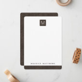 Moderne monogram naam donkerbruin leer look notitiekaartje (Voorkant / Achterkant in situ)