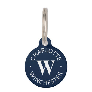 Moderne monogram naam Info dark navy blue white Huisdierpenning