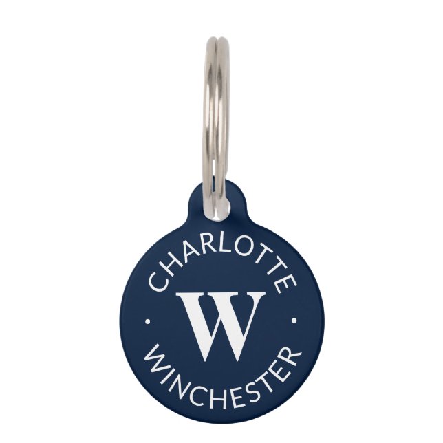 Moderne monogram naam Info dark navy blue white Huisdierpenning (Voorkant)