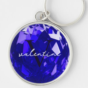 Moderne Monogram Naam Initiaal Sapphire Blue Premi Sleutelhanger