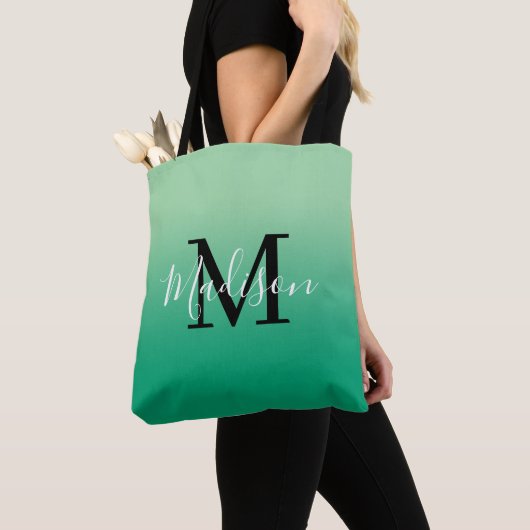 Moderne Monogram Naam Licht naar Donkergroen Verlo Tote Bag (Dichtbij)