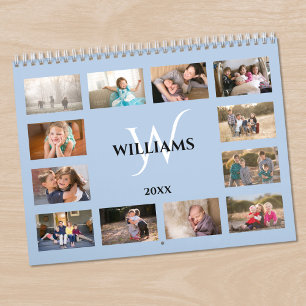 Moderne Monogram Naam Lichtblauw Aangepaste Foto Kalender