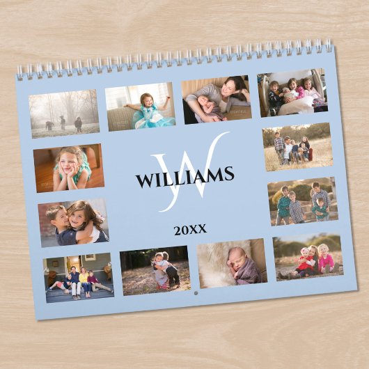 Moderne Monogram Naam Lichtblauw Aangepaste Foto Kalender
