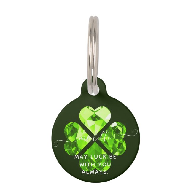 Moderne Monogram Naam Lucky Clover Peridot Hond Ka Huisdierpenning (Voorkant)