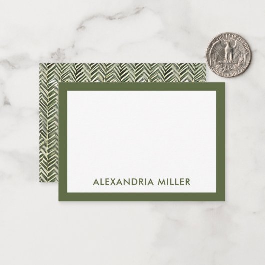 Moderne monogram naam Olive Herringbone Notitiekaartje (Voorkant / Achterkant in situ)
