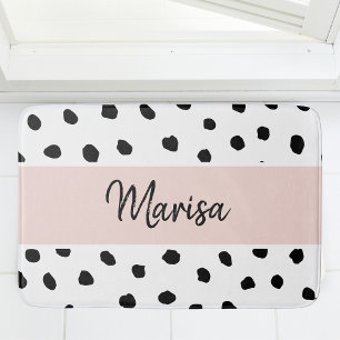 Moderne monogram naam   Pastel Roze en Zwarte Stip Badmat