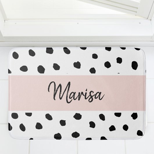 Moderne monogram naam | Pastel Roze en Zwarte Stip Badmat