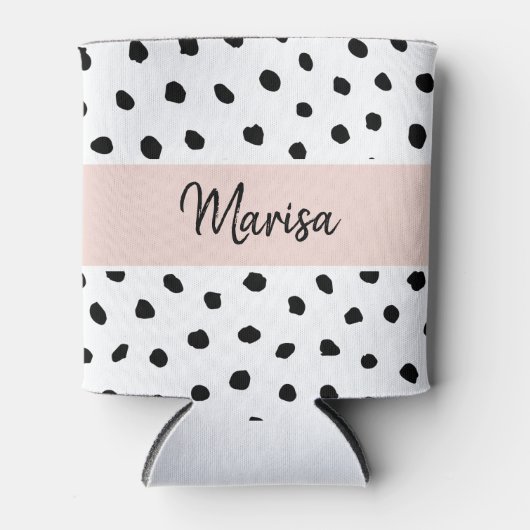 Moderne monogram naam | Pastel Roze en Zwarte Stip Blikjeskoeler (Voorkant)