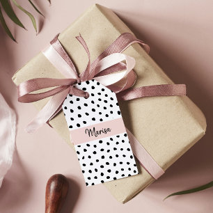 Moderne monogram naam   Pastel Roze en Zwarte Stip Cadeaulabel