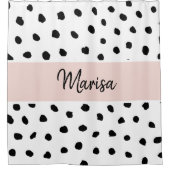 Moderne monogram naam | Pastel Roze en Zwarte Stip Douchegordijn (Voorkant)