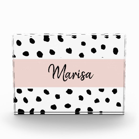 Moderne monogram naam | Pastel Roze en Zwarte Stip Fotoblokken (Voorkant)