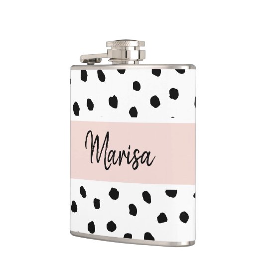 Moderne monogram naam | Pastel Roze en Zwarte Stip Heupfles (Links)