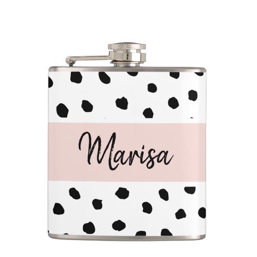 Moderne monogram naam | Pastel Roze en Zwarte Stip Heupfles (Voorkant)