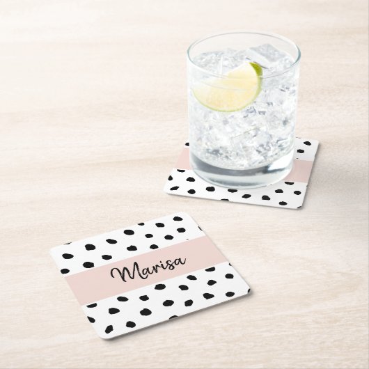 Moderne monogram naam | Pastel Roze en Zwarte Stip Kartonnen Onderzetters (Insitu)