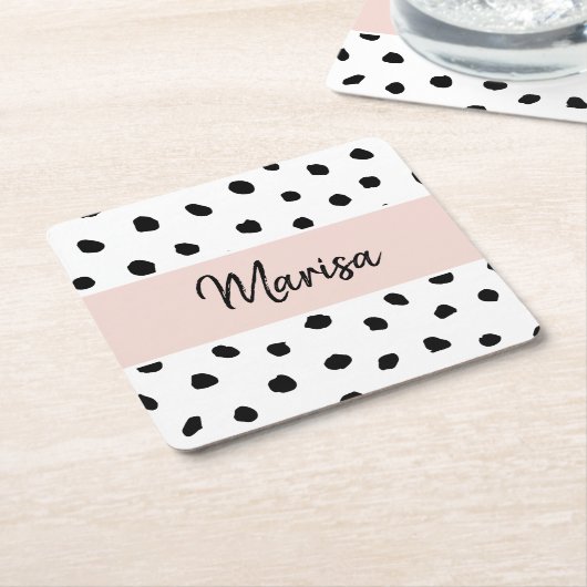 Moderne monogram naam | Pastel Roze en Zwarte Stip Kartonnen Onderzetters (Schuin)