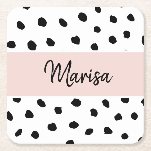 Moderne monogram naam | Pastel Roze en Zwarte Stip Kartonnen Onderzetters (Voorkant)