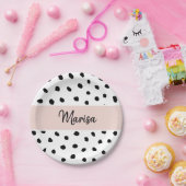 Moderne monogram naam | Pastel Roze en Zwarte Stip Papieren Bordje (Feest)