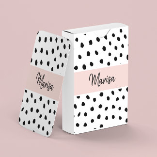 Moderne monogram naam | Pastel Roze en Zwarte Stip Pokerkaarten
