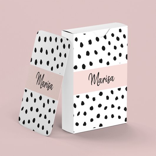 Moderne monogram naam | Pastel Roze en Zwarte Stip Pokerkaarten