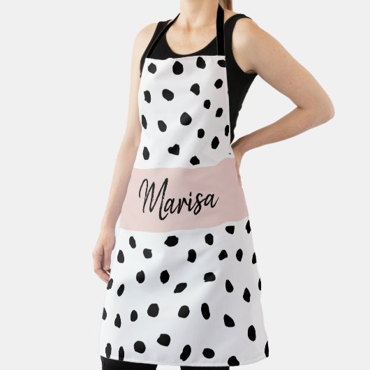 Moderne monogram naam | Pastel Roze en Zwarte Stip Schort (Insitu)