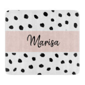 Moderne monogram naam | Pastel Roze en Zwarte Stip Snijplank (Voorkant)