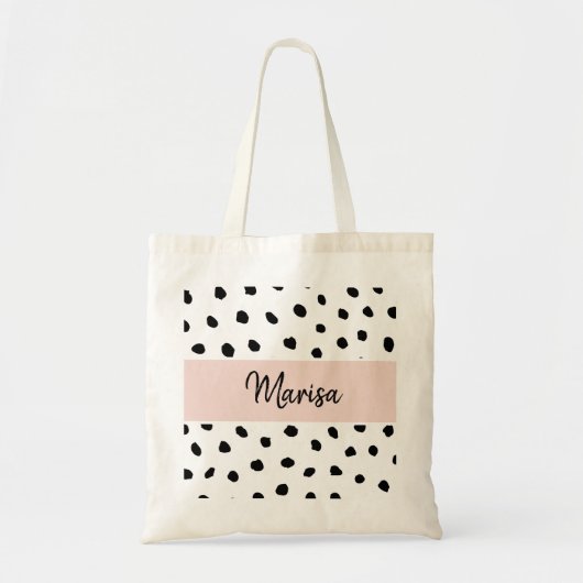 Moderne monogram naam | Pastel Roze en Zwarte Stip Tote Bag (Voorkant)
