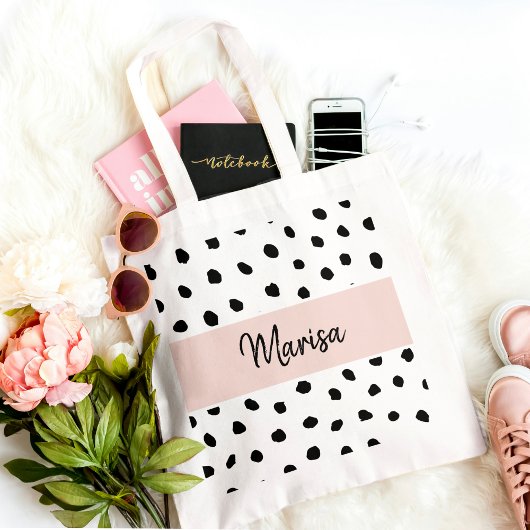 Moderne monogram naam | Pastel Roze en Zwarte Stip Tote Bag