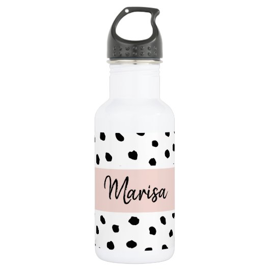 Moderne monogram naam | Pastel Roze en Zwarte Stip Waterfles (Voorkant)