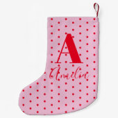 Moderne Monogram Naam Polka Dot Rood Roze Kleine Kerstsok (Achterkant)
