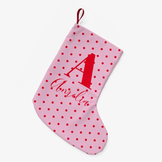Moderne Monogram Naam Polka Dot Rood Roze Kleine Kerstsok (Voorkant (Hangend))