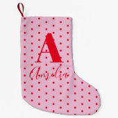 Moderne Monogram Naam Polka Dot Rood Roze Kleine Kerstsok (Voorkant)