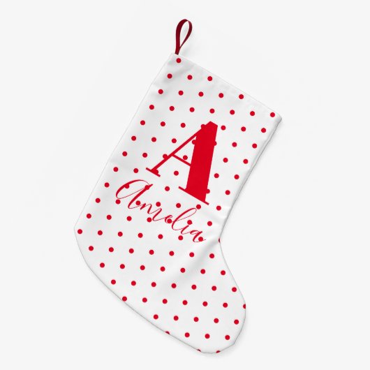 Moderne Monogram Naam Polka Dots Kleine Kerstsok (Voorkant (Hangend))