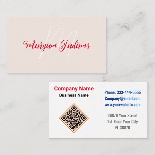 Moderne Monogram Naam - QR Minimalist Blush Roze Visitekaartje (Voorkant / Achterkant)