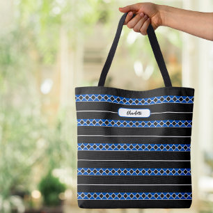 Moderne monogram naam Quatrefoil Stripes Black Blu Tote Bag