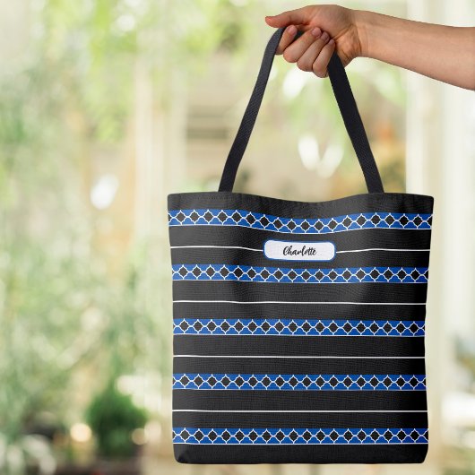 Moderne monogram naam Quatrefoil Stripes Black Blu Tote Bag